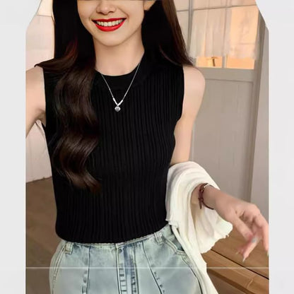 Tank Top Knit Ribbed Plain Neck Crew