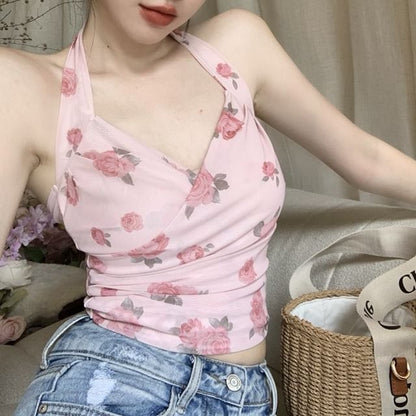 Print / Neck Floral Plain Cardigan Crop Top Halter