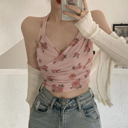 Print / Neck Floral Plain Cardigan Crop Top Halter