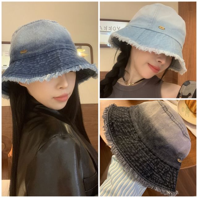 Hat Washed Bucket Gradient Denim Frayed