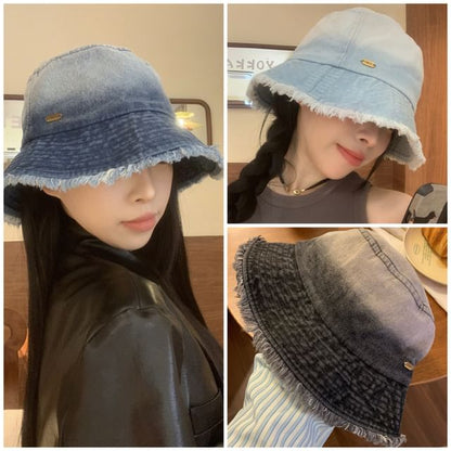 Hat Washed Bucket Gradient Denim Frayed
