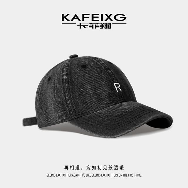 Washed Baseball Cap Denim Lettering Embroidered