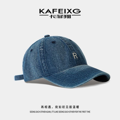 Washed Baseball Cap Denim Lettering Embroidered