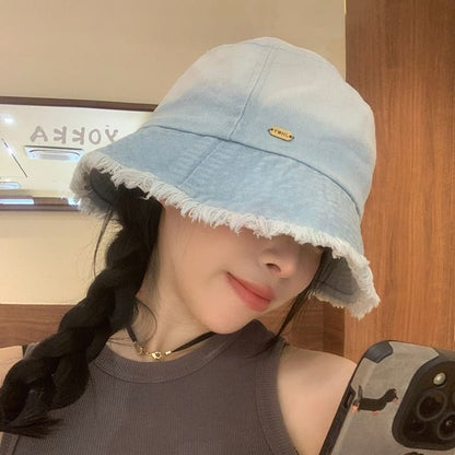 Hat Washed Bucket Gradient Denim Frayed