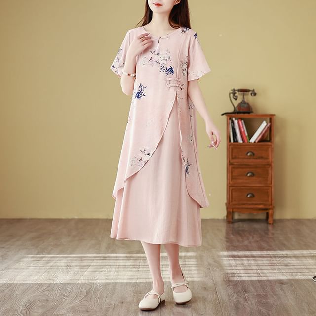 Short-Sleeve Floral Print Frog Buttoned Slit Midi A-Line Dress