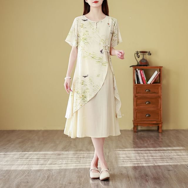 Short-Sleeve Floral Print Frog Buttoned Slit Midi A-Line Dress