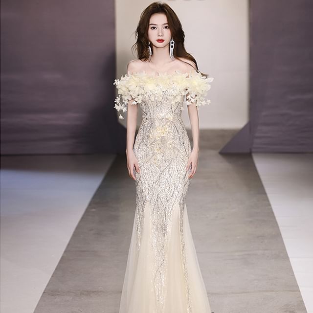 Evening Sequin Off-Shoulder Gown Mermaid Flower Detail