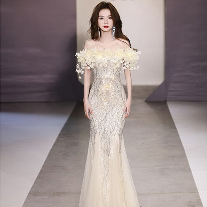 Evening Sequin Off-Shoulder Gown Mermaid Flower Detail