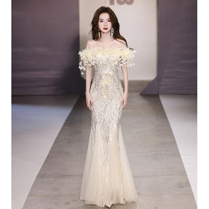 Evening Sequin Off-Shoulder Gown Mermaid Flower Detail