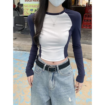 Long-Sleeve Crew Neck Two Tone Cropped T-Shirt