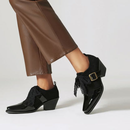 Chunky Heel Patent Leather Panel Buckled Lace