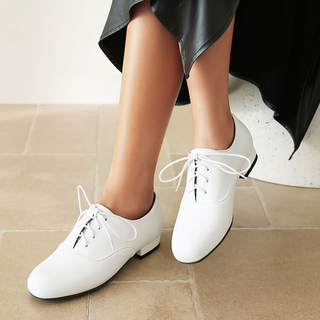 Heel Plain Leather Lace-Up Chunky Faux Shoes