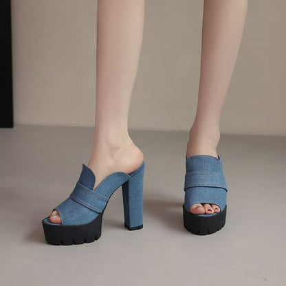 Denim Heel Washed Chunky Sandals