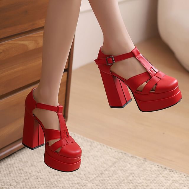 Leather Chunky Sandals Faux Heel Plain Buckled