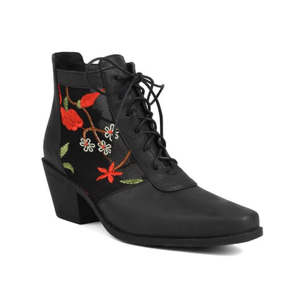 Chunky Heel Floral Embroidered Mesh Panel Lace