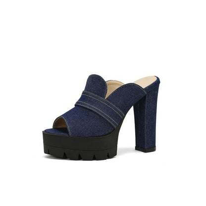 Denim Heel Washed Chunky Sandals