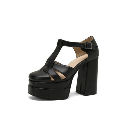 Leather Chunky Sandals Faux Heel Plain Buckled