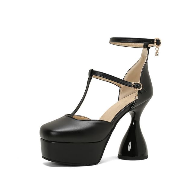 Chunky Heel Ankle Strap Plain Faux Leather D'Orsay Sandals