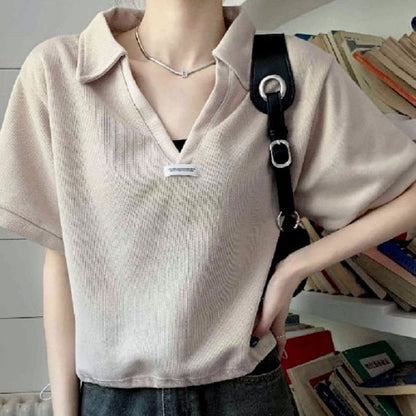 Drawstring Applique Short-Sleeve V-Neck Polo Shirt Hem