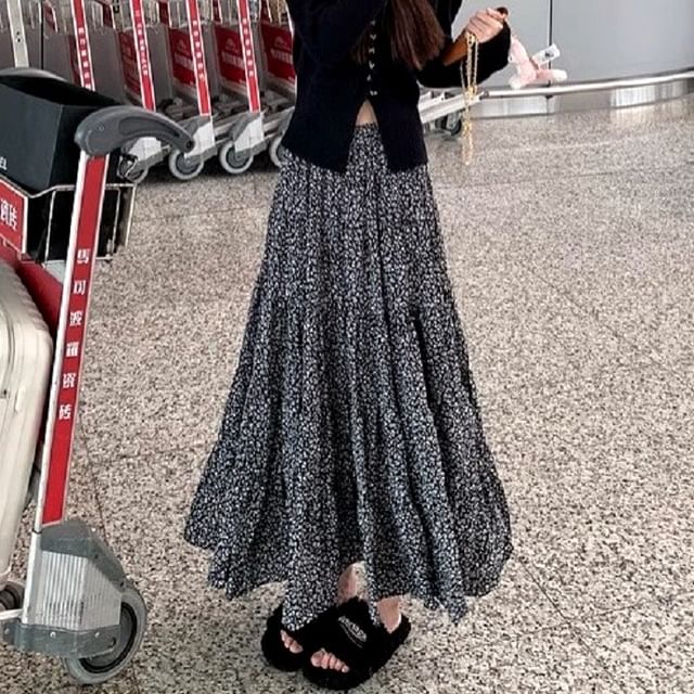 Elastic Midi Skirt Floral Waist A-Line