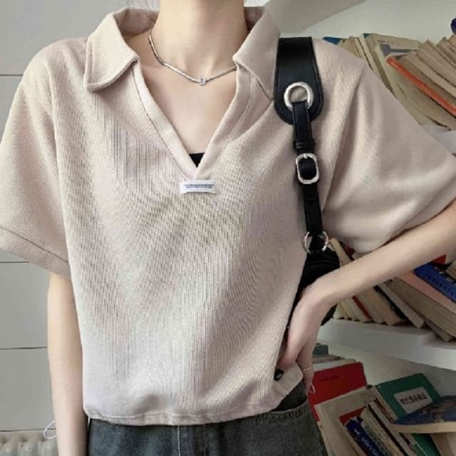 Drawstring Applique Short-Sleeve V-Neck Polo Shirt Hem