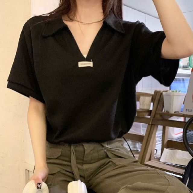 Drawstring Applique Short-Sleeve V-Neck Polo Shirt Hem