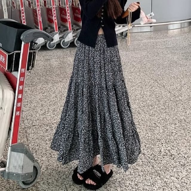 Elastic Midi Skirt Floral Waist A-Line