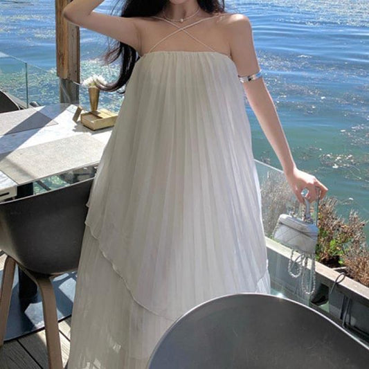 Spaghetti Plain Midi Dress Strap Pleated