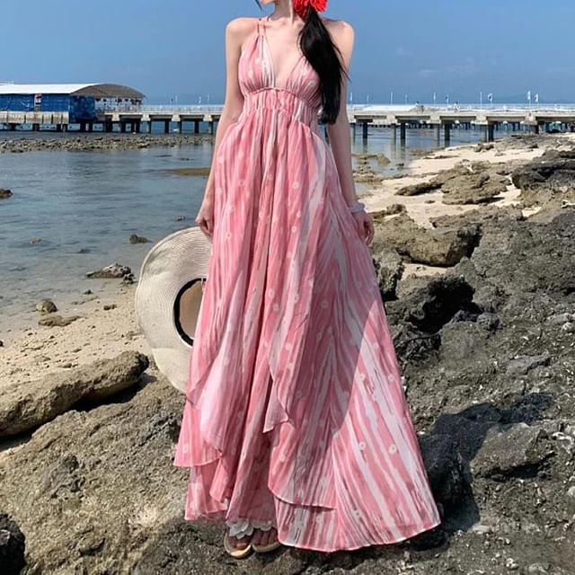 V-Neck Maxi Patterned Spaghetti Dress A-Line Strap