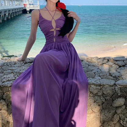 Strap Spaghetti Plain Neck Dress Maxi A-Line Scoop