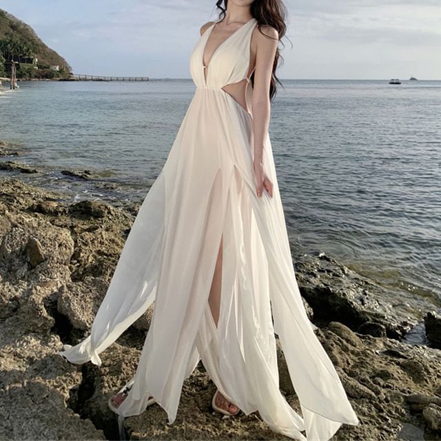 V-Neck Maxi Dress Sleeveless Plain A-Line