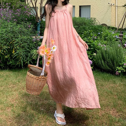 A-Line Spaghetti Strap Plain Dress Maxi