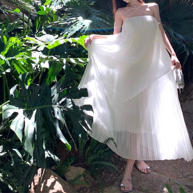 Spaghetti Plain Midi Dress Strap Pleated