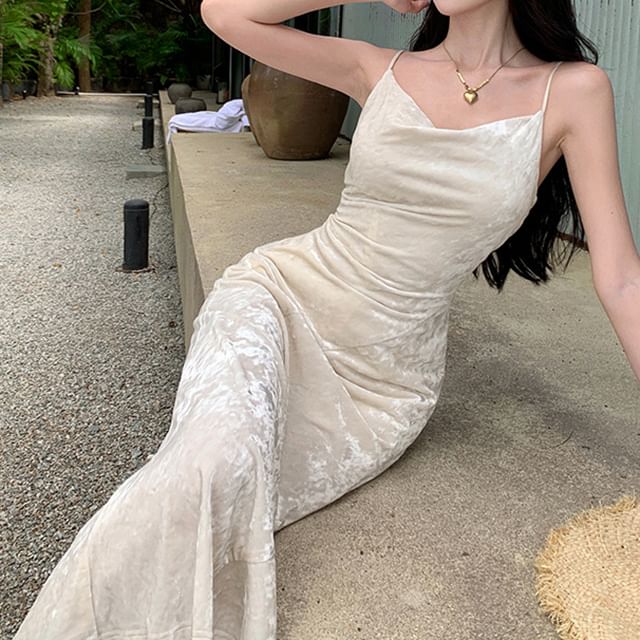 Maxi Cowl Strap Plain Mermaid Neck Spaghetti Dress