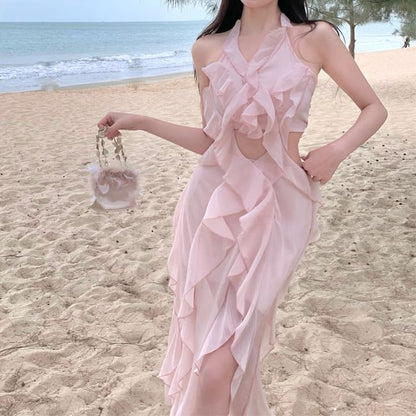 Dress Ruffle Cutout Mini Plain Halter A-Line Neck Trim