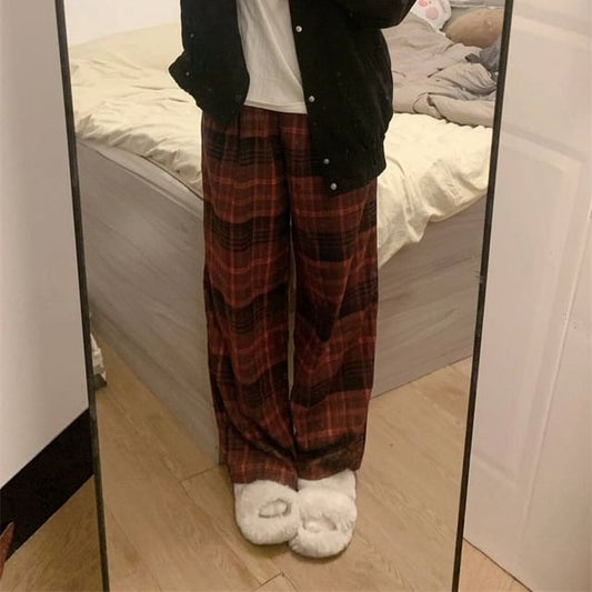 Mid Rise Plaid Wide Leg Pants