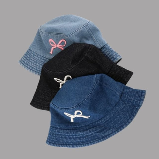 Embroidered Denim Hat Bow Bucket