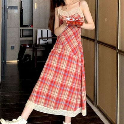 Lace Spaghetti Dress Strap A-Line Plaid Trim Midi
