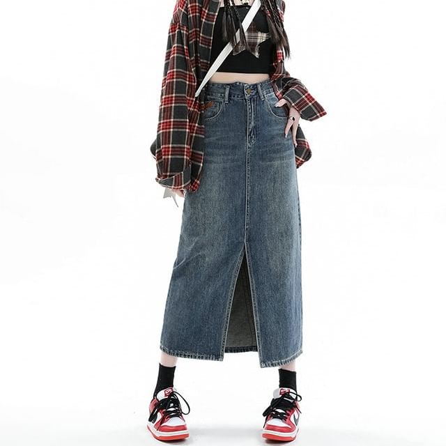 High Pencil Washed Rise Skirt Denim Midi Slit