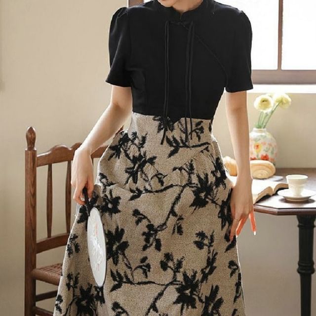 A-Line Collar Floral Mandarin Panel Dress Midi Short-Sleeve