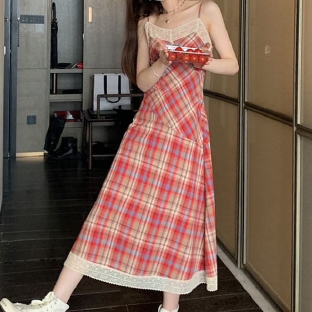 Lace Spaghetti Dress Strap A-Line Plaid Trim Midi