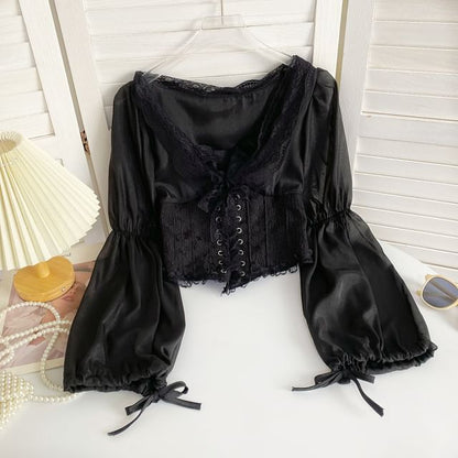 V-Neck Plain Lace Trim Bustier Blouse