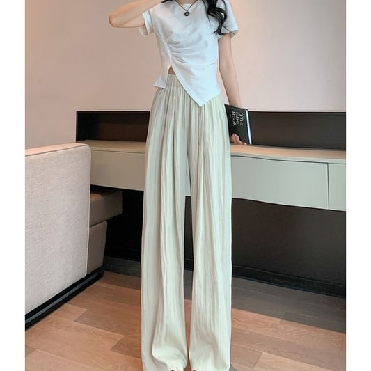 High Rise Plain Elastic Waist Wide Leg Pants