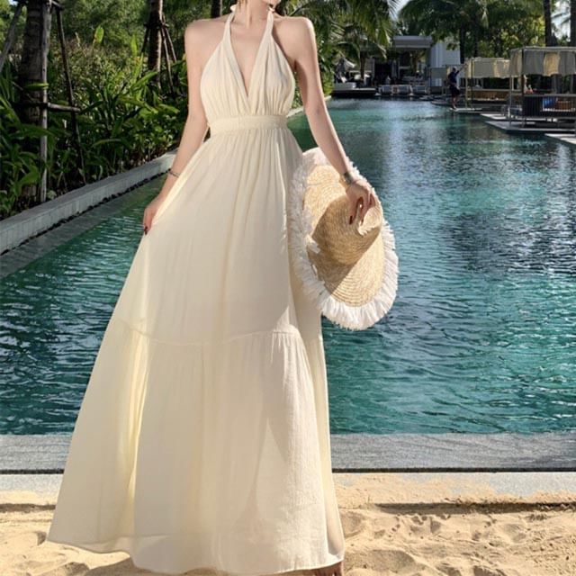 Dress Maxi Plain Halter A-Line V-Neck