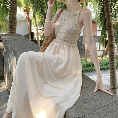 Spaghetti Plain Dress Panel A-Line Maxi Strap Knit