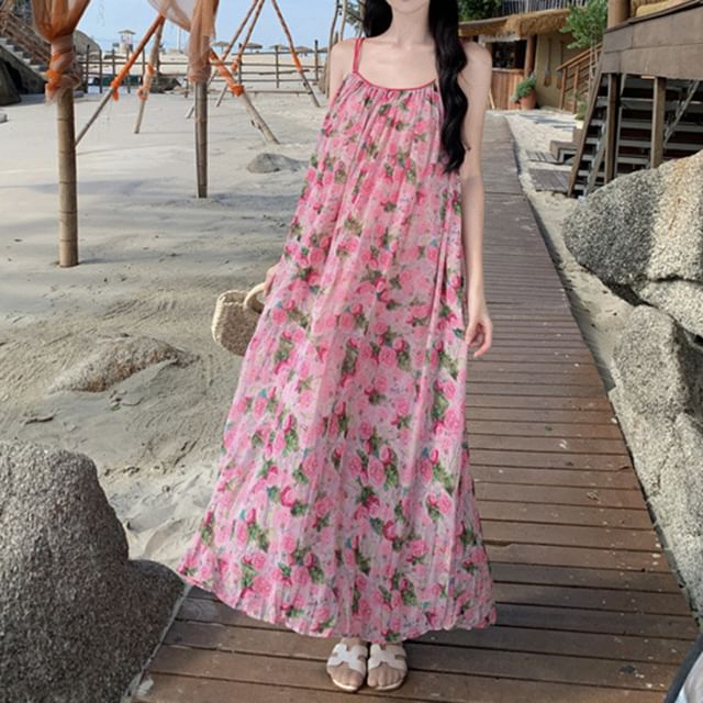 Maxi Strap Floral Dress A-Line Spaghetti Neck Scoop