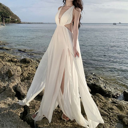 V-Neck Maxi Dress Sleeveless Plain A-Line