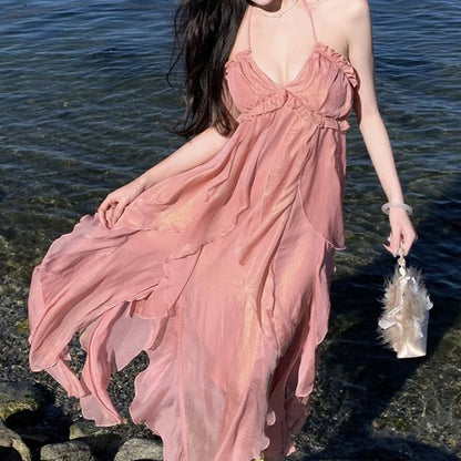 A-Line Maxi Halter Trim Dress Ruffle V-Neck Plain