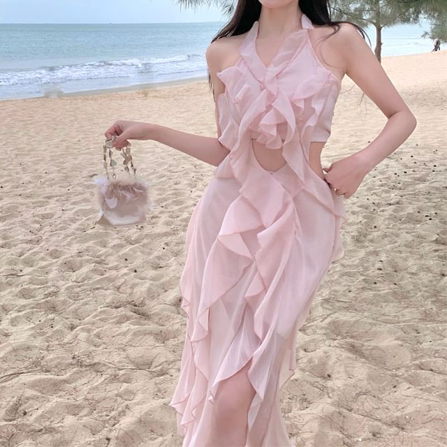 Dress Ruffle Cutout Mini Plain Halter A-Line Neck Trim