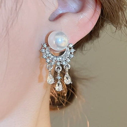 Faux Drop Rhinestone Fringed Earring Pearl